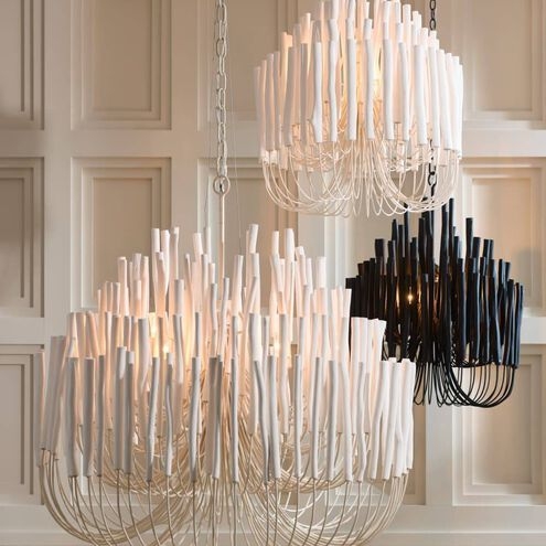 Chandelier White Wood Dowels Tiered Fringe Organic Coastal
