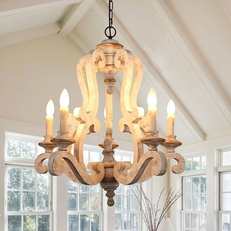 Chandelier, Whitewashed Wood Arms, Turned Column, Vintage Farmhouse