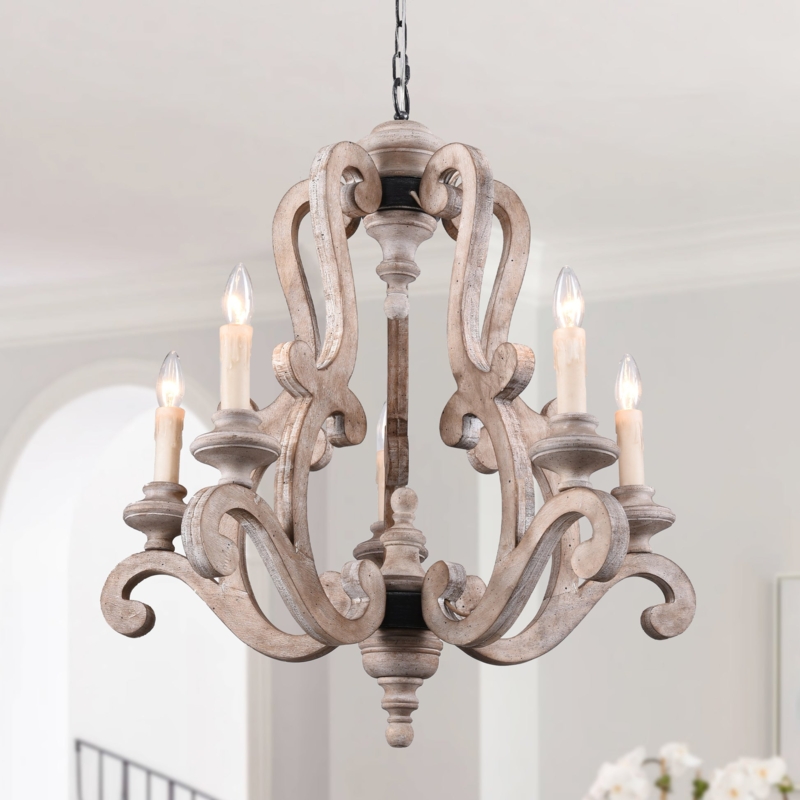 Chandelier Whitewashed Wood Frame Scrolled Metal Arms French Country