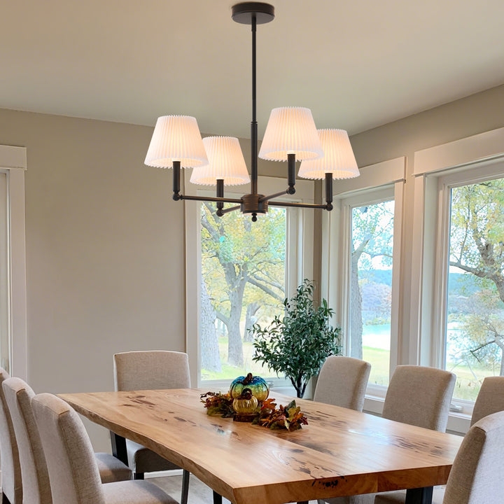 Chandelier with Angular Iron Frame and Cylindrical Linen Shades