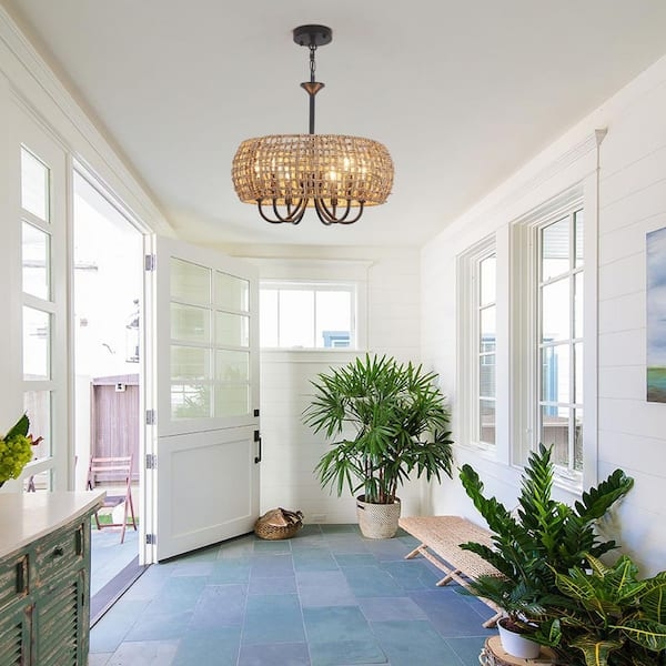Chandelier with Black Metal Frame and Wood Beaded Swags