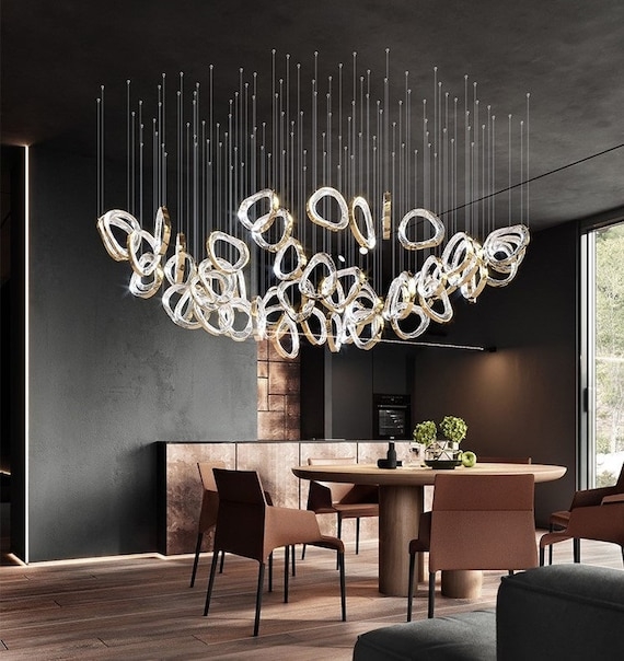 Chandelier with Cascading Amber Glass Petals, Large Tiered Design.