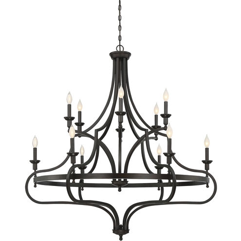 Chandelier with Curved Glass Panels, 12-Light Bronze Tiered Design