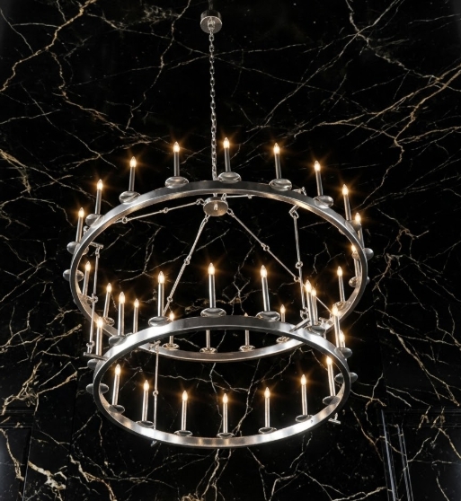 Chandelier with Cylindrical Glass Shades: Two Tiered Black Metal Farmhouse Light