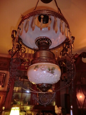 Chandelier with Milk Glass Globes Antique Finish Scrollwork