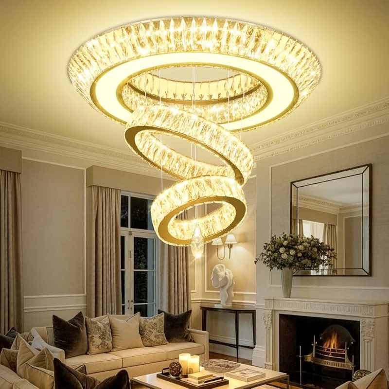 Chandelier with Three-Tier Stacked Rings and Gold Raindrop Crystal Fringe
