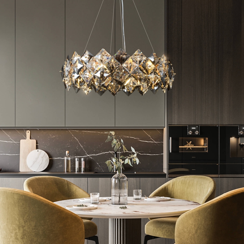 Chandelier with Tiered Rectangular Form, Polished Gold and Crystal Prisms