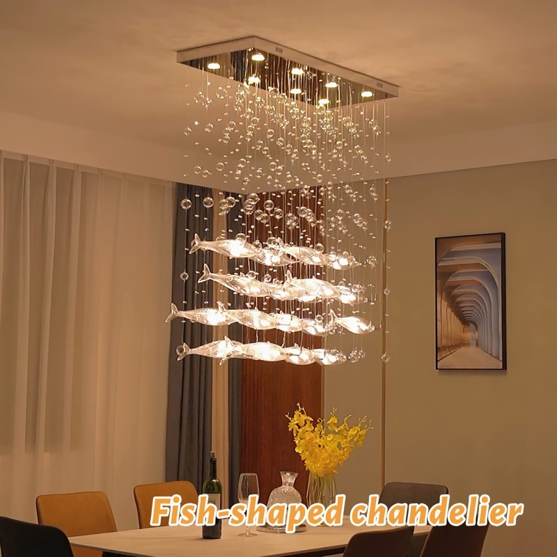 Chandelier with Whimsical Fish-Shaped Crystal Pendants in Gold Finish