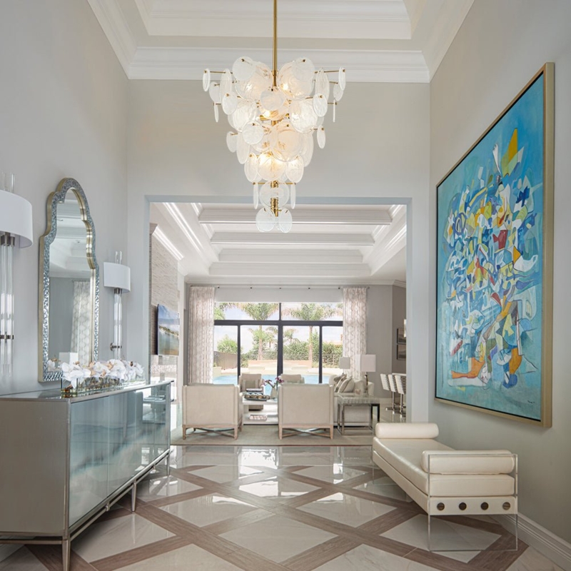 Chandelier with White Strie Glass Cones and Tiered Brass Circular Frame