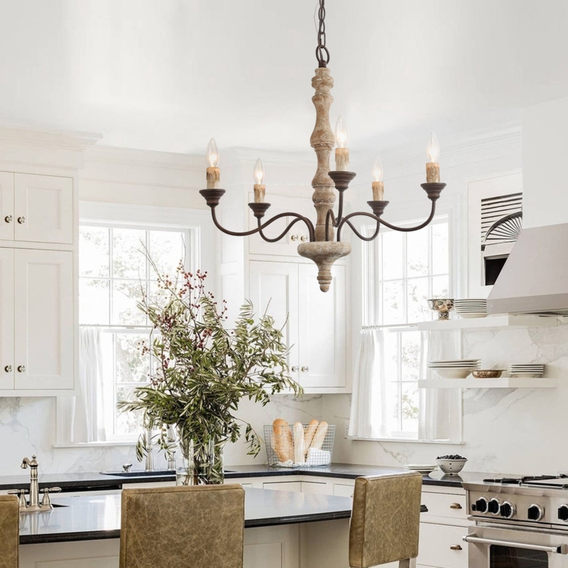 Chandelier with Whitewashed Wood Column and Antique Metal Scrolls