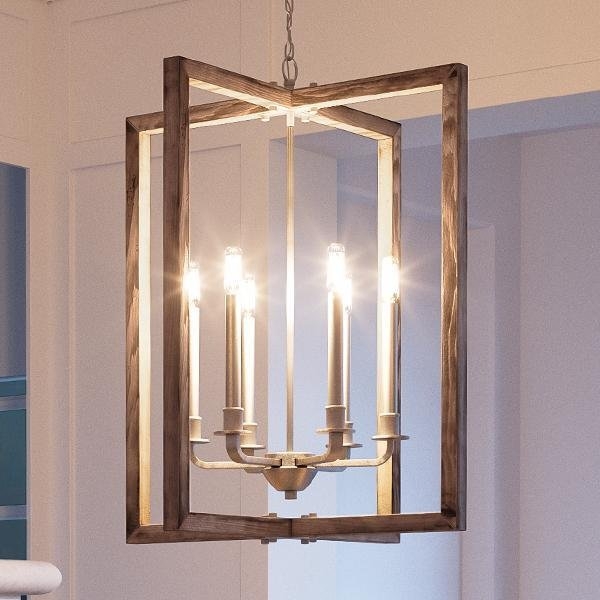 Chandelier with Wood Toned Hoops: Galvanized Coastal Farmhouse Wagon Wheel