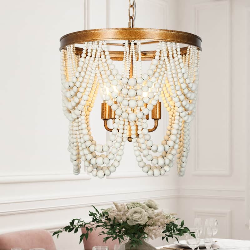 Chandelier Wood Beads Empire French Country Coastal Dining Room