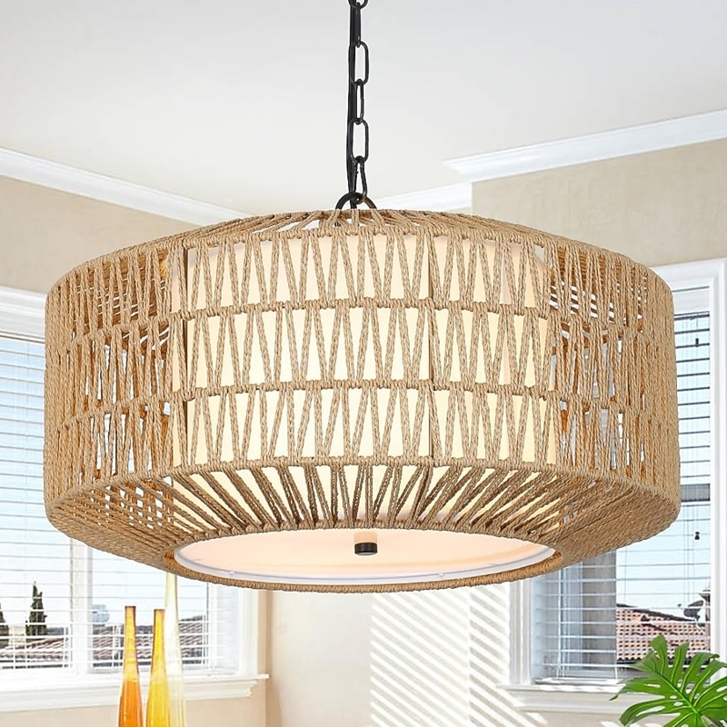 Chandelier Woven Rattan Drum with Inner Fabric Shade Design