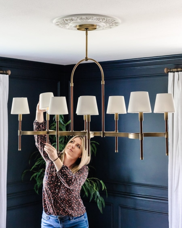 Circular Chandelier Tapered Shades Farmhouse Dining Setup