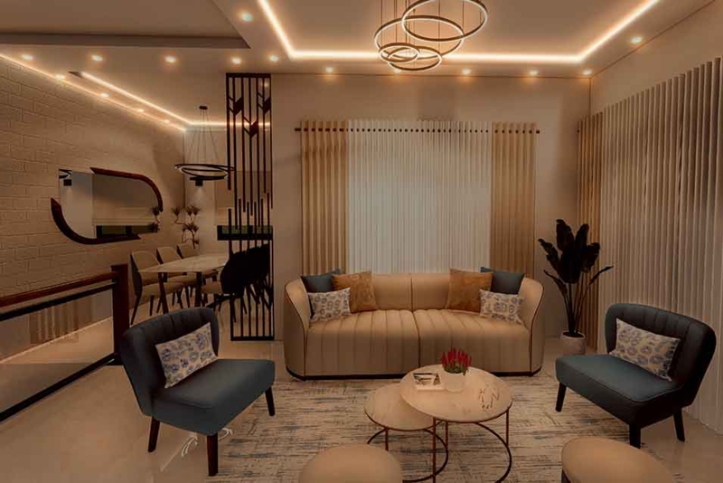 Circular Pendant Light in Modern Living Room Layered Lighting Design