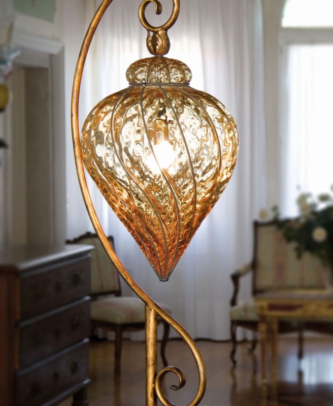 Classic Floor Lamp Amber Glass Stacked Base Pleated Shade