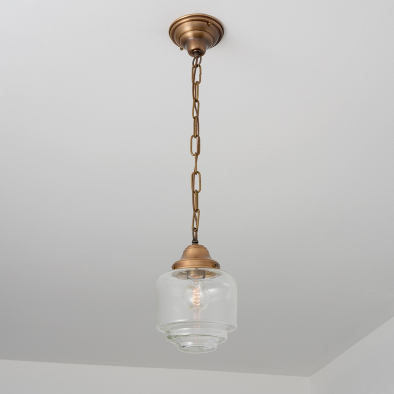 Clear Glass Bell Pendant Light with Antique Brass Chain Suspension