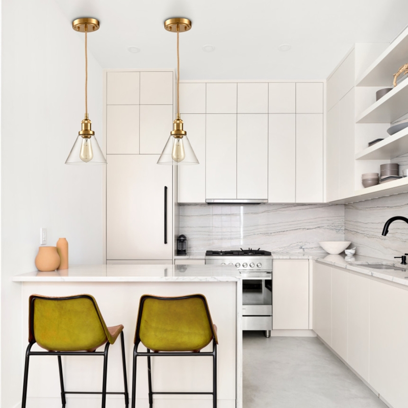 Clear Glass Cone Mini Pendant Light with Brass Hardware Detail