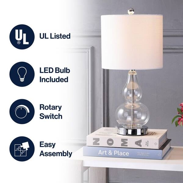 Clear Glass Table Lamp with Curved Base and White Drum Shade