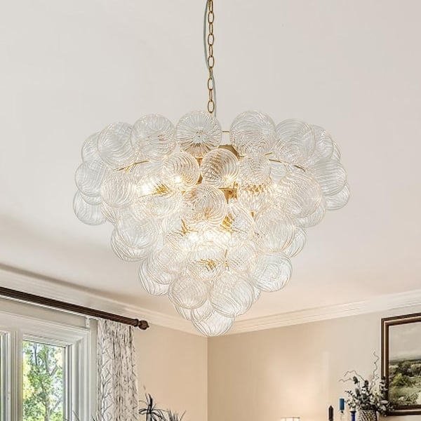 Cluster Chandelier Brushed Gold Brass Twisted Glass Staggered Height