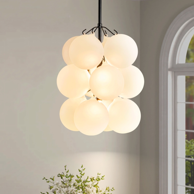 Cluster Chandelier: Matte Black, Asymmetric Frosted Bubbles, Minimalist