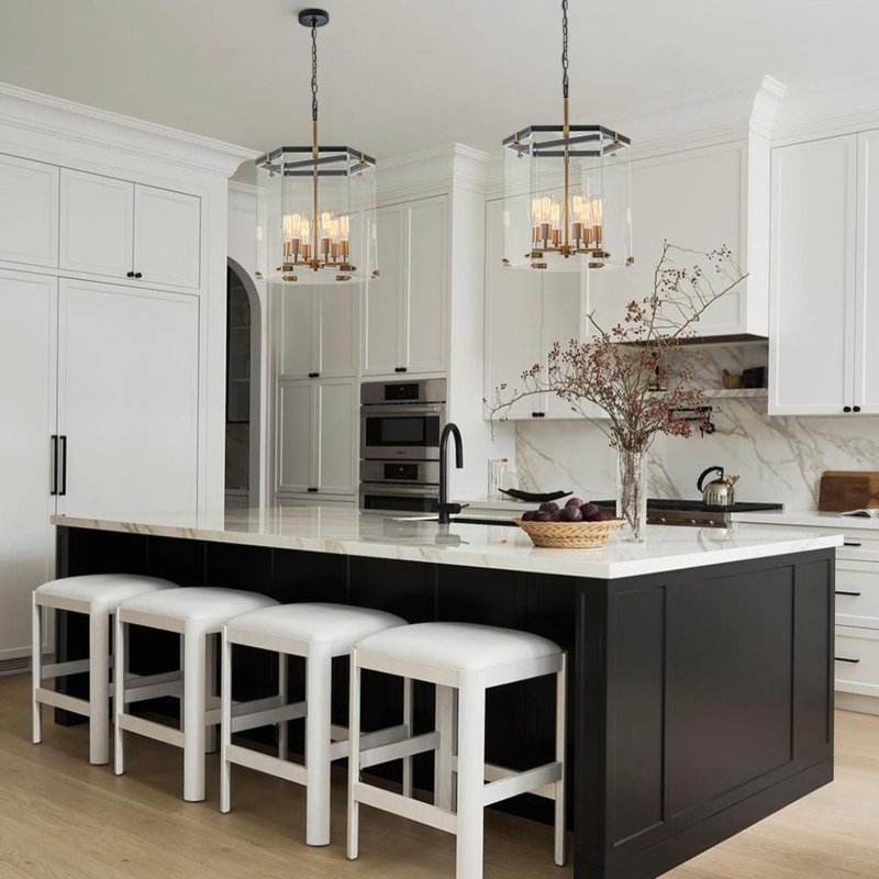 Cluster Chandelier with Six Hexagon Glass Shades and Brass Accents
