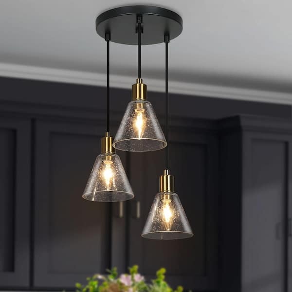 Cluster Pendant Light: Black and Brass, Clear Cone Glass Shades