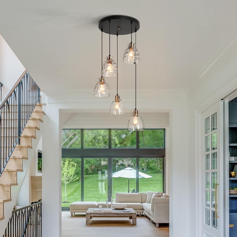 Cluster Pendant Light Black and Gold Hammered Glass Cylinders