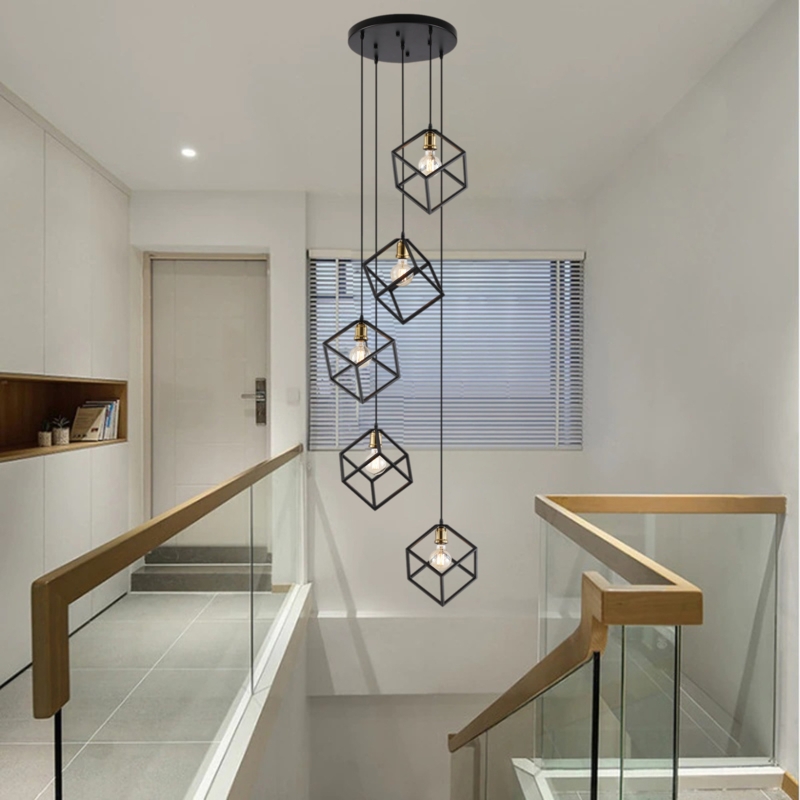 Cluster Pendant Light Nested Geometric Frames Black Industrial 5-Light