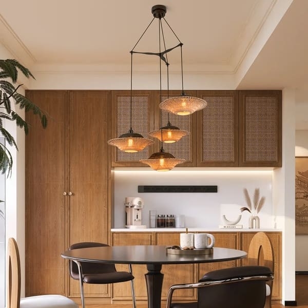 Cluster Pendant Light Rattan Shades Matte Black Staggered Coastal Chic
