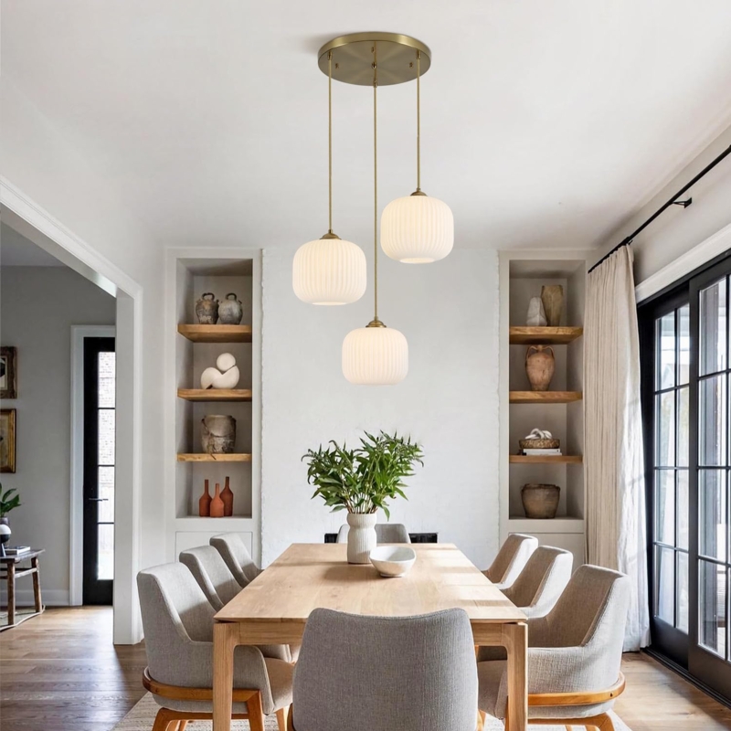 Cluster Pendant Light, Ribbed Glass Globes with Gold Mid-Century Accents
