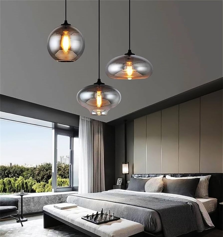 Cluster Pendant Light Smoke Grey Glass Globes Staggered Height Fixture