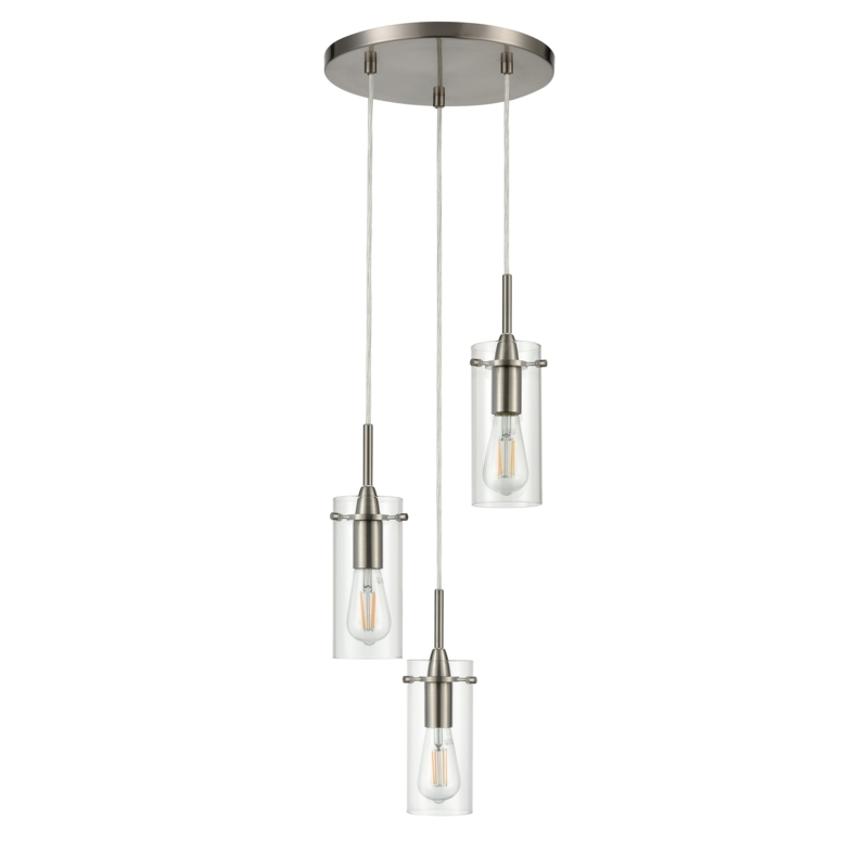 Cluster Pendant Light Triple Brushed Nickel with Clear Cylindrical Glass