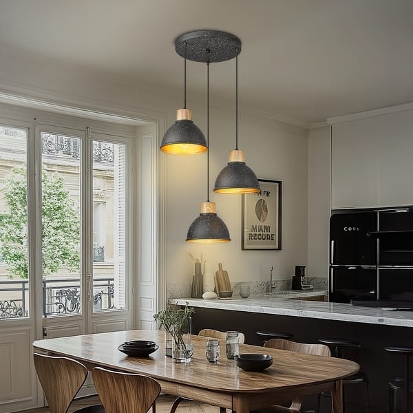 Cluster Pendant Light with Matte Grey Funnel Shades and Wood Accents