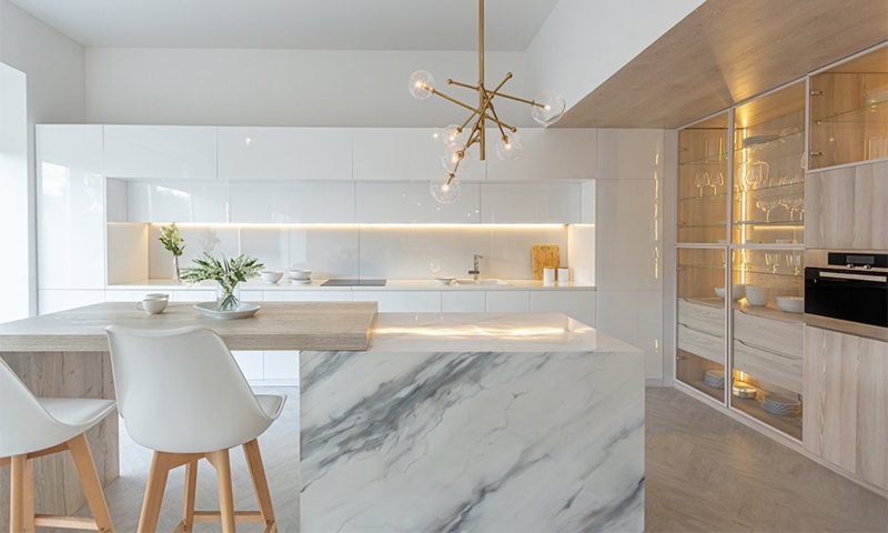 Cluster Pendant Lights Clear Glass Globes over Kitchen Island