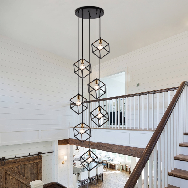 Cluster Pendant Seven Light Cluster Rectangular Open Cage Industrial