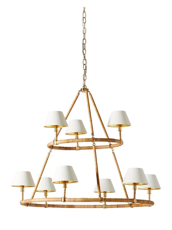 Coastal Bedroom Tiered Chandelier: Large Rattan Wrapped Ring Fixture