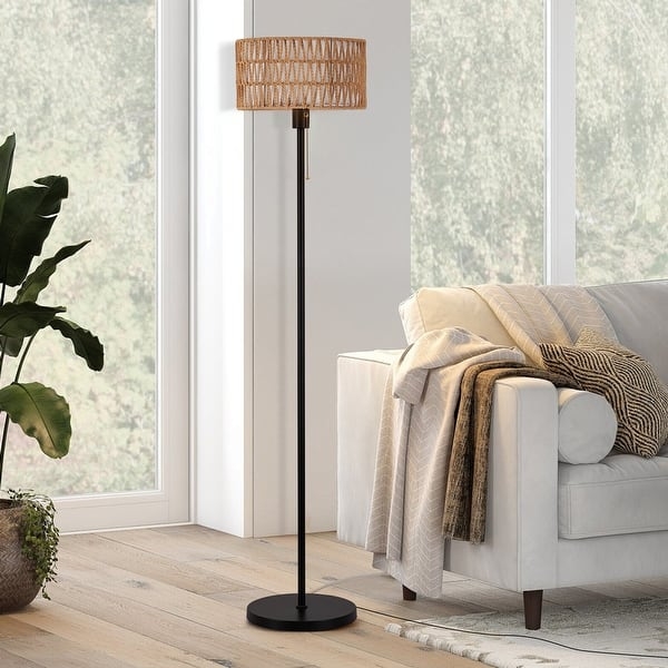 Coastal Bohemian Floor Lamp, Woven Rattan Shade, Matte Black Iron Base