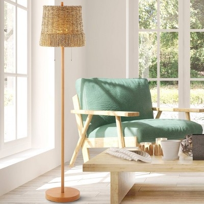 Coastal Tripod Floor Lamp with Wood Base and Double Pull-Chains