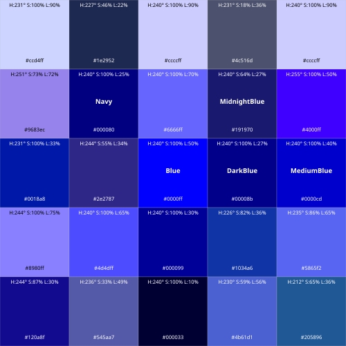 Color Chart Blue Spectrum Reference Grid Text Labels Hex Codes