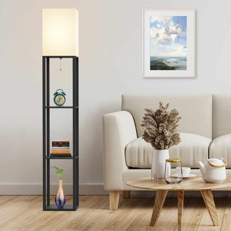 Column Floor Lamp Black Frame with Integrated Storage Shelves