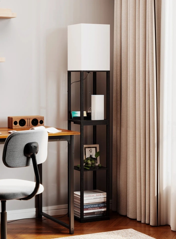 Column Shelf Floor Lamp with Rectangular Fabric Shade, Black