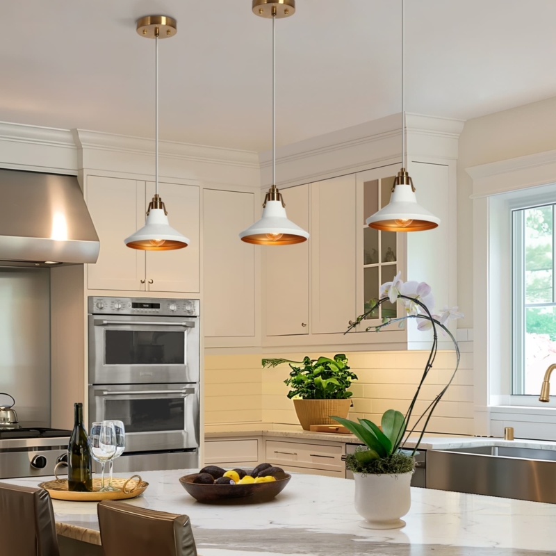 Conical Silhouette Pendant Light with White Shade and Metallic Interior