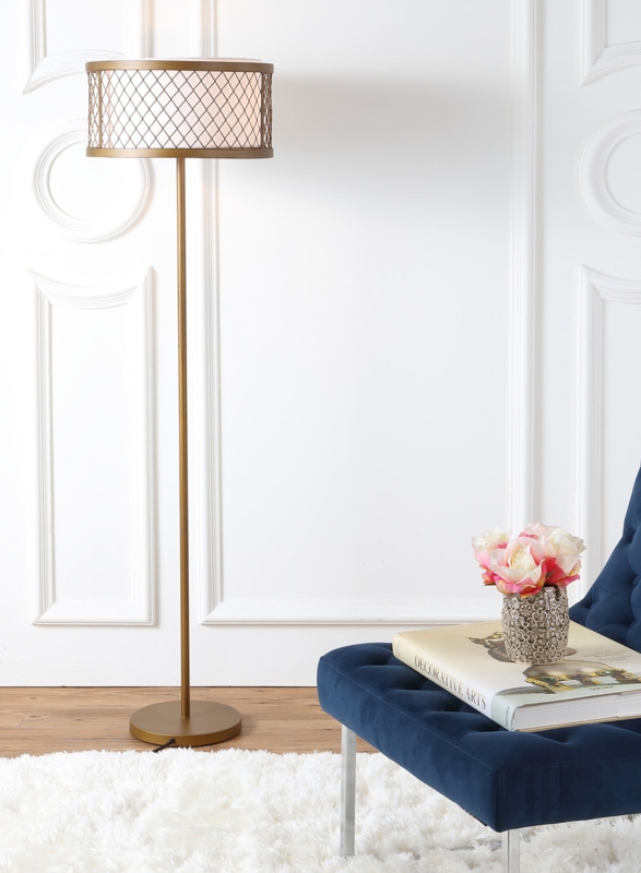 Contemporary Antique Gold Floor Lamp, Cylindrical Metal Mesh Shade