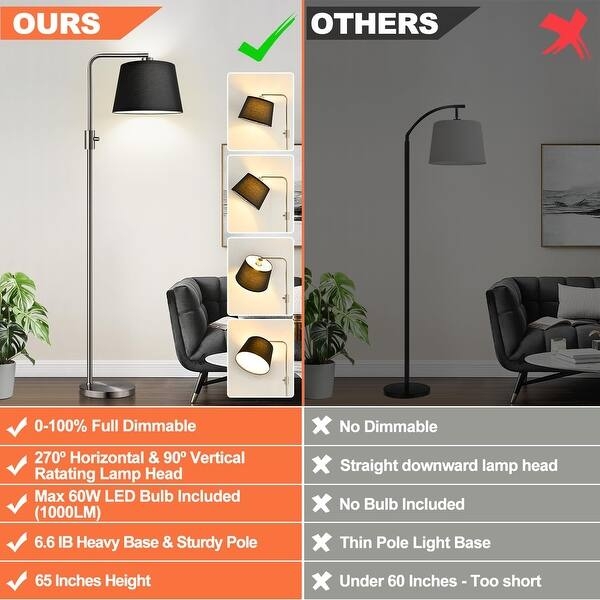 Contemporary Arc Floor Lamp Brushed Nickel Black Shade Exposed Bulb