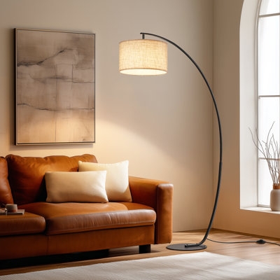 Contemporary Arched Floor Lamp: Metal Finish, Linen-Like Drum Shade.
