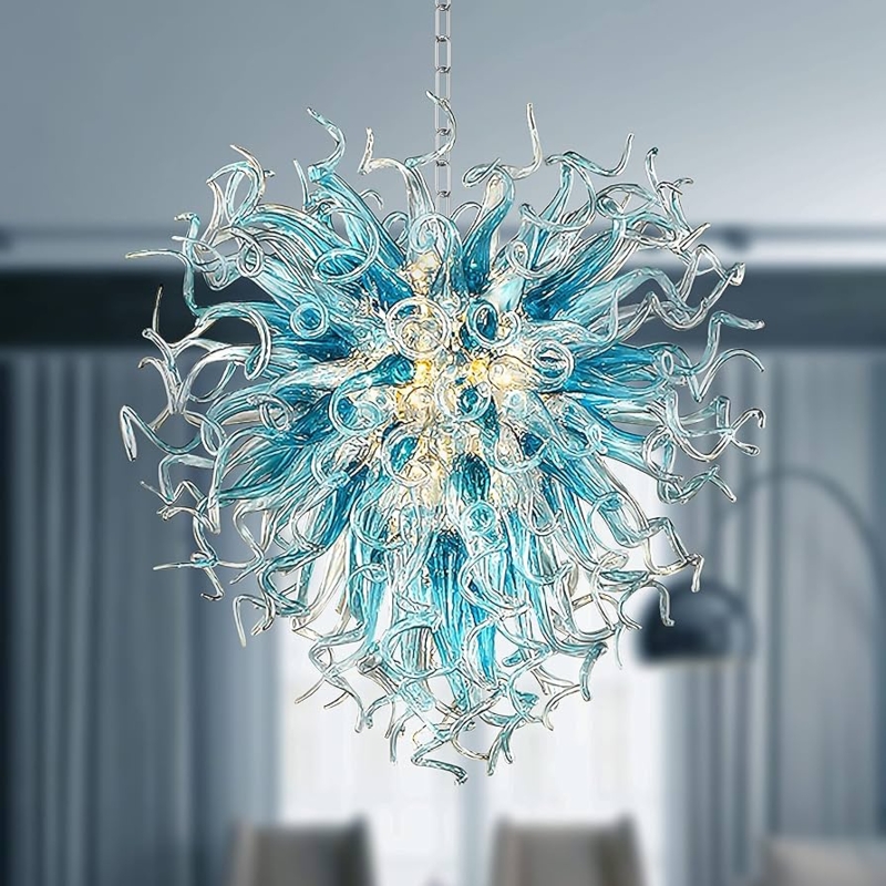 Contemporary Art Glass Chandelier Blue Amber Hand Blown Organic