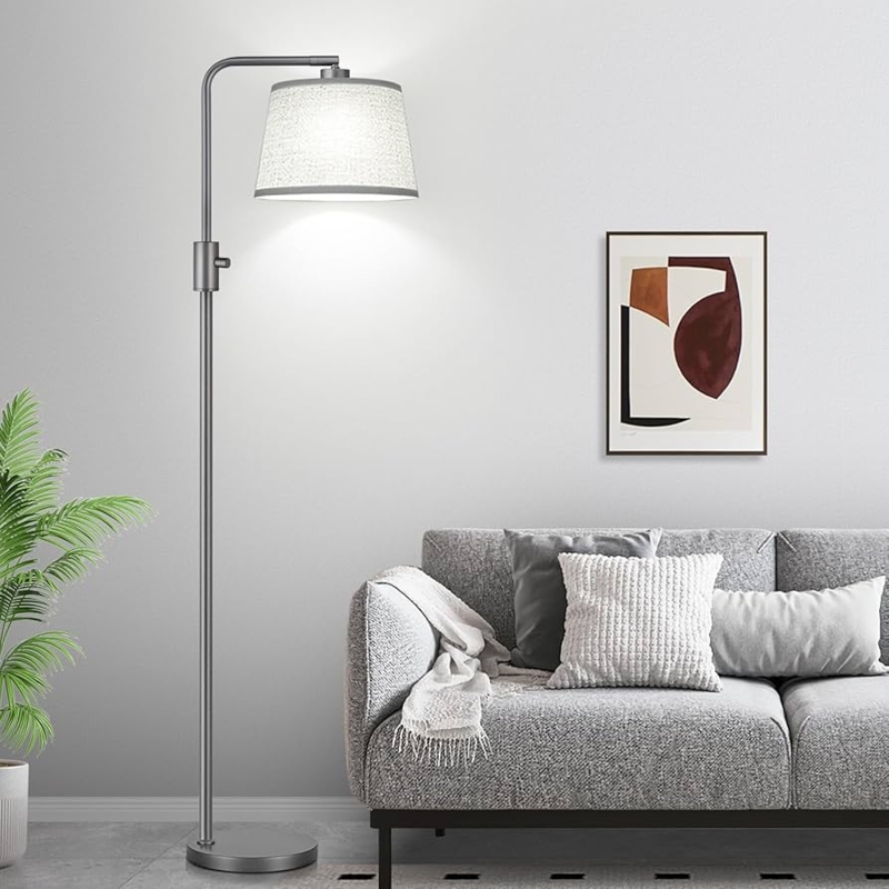 Contemporary Floor Lamp Overhanging Arc Linen-Texture Shade