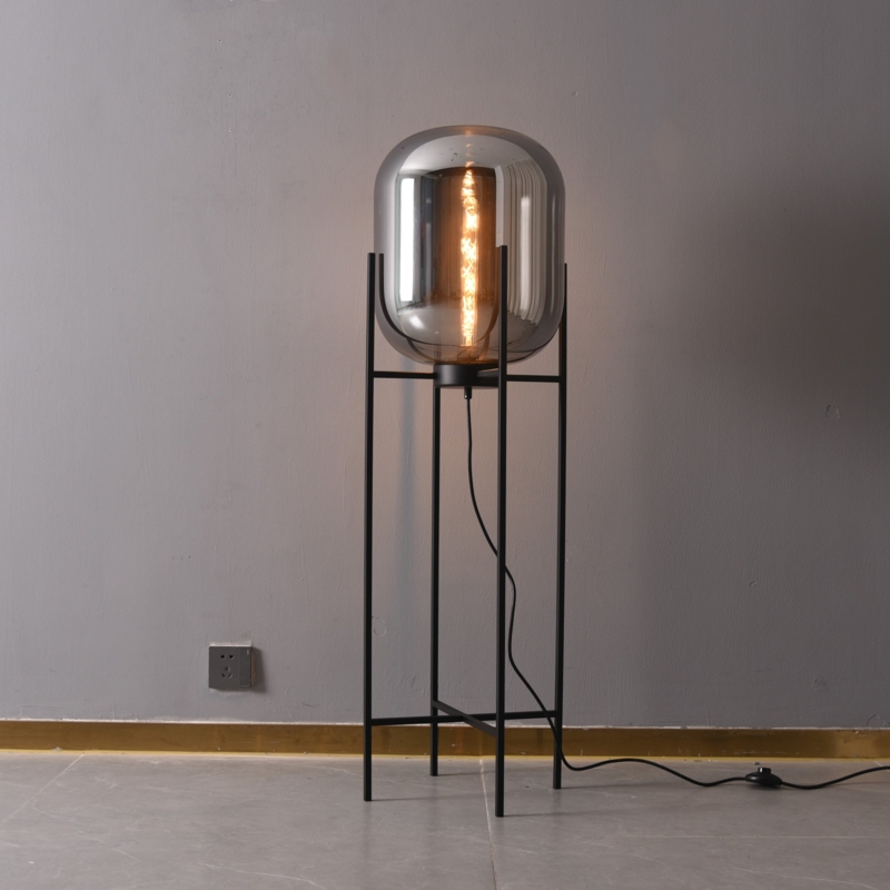 Contemporary Floor Lamp Stacked Clear Glass Bubbles White Drum Shade