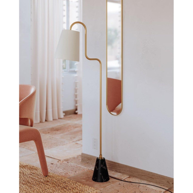 Contemporary Floor Lamp with Black Marble Base Detail and Brass Finish